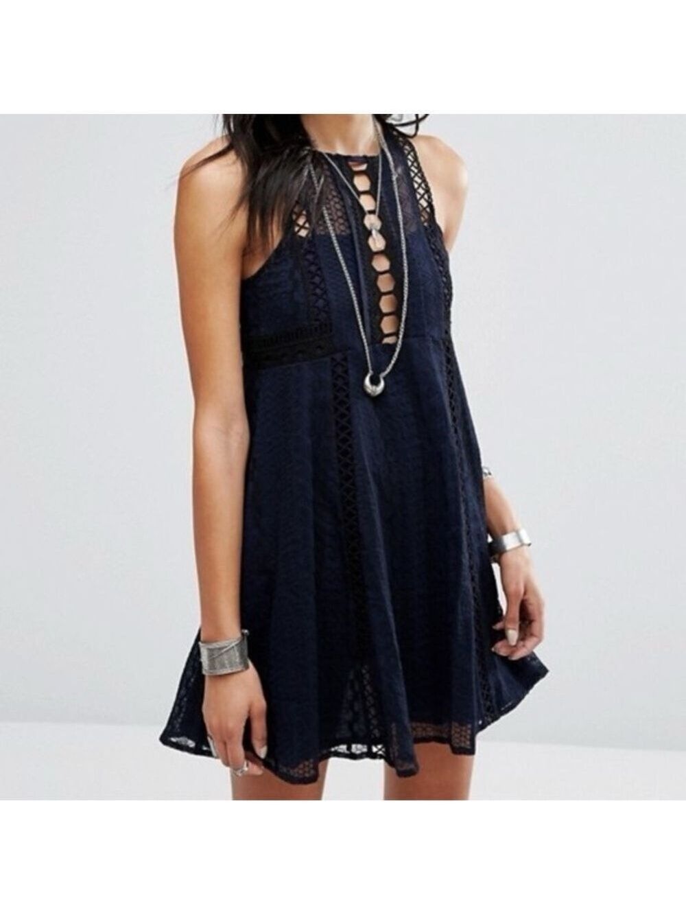 NWT Free People Wherever You Go Navy Lace Mini Dress. Size 2